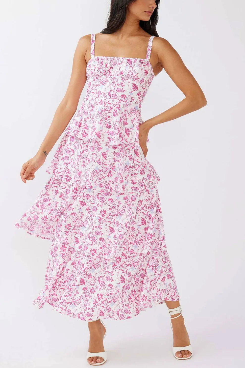 Floral Print Tie up Tiered Midi Dress
