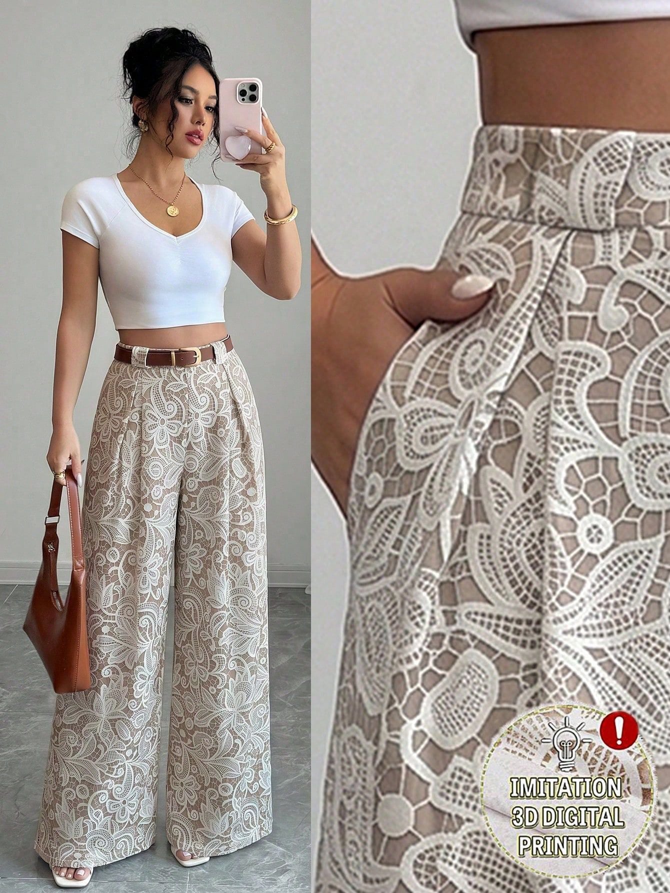 Pleated Lace Hollow-Out Wide-Leg Pants for Casual Wear
