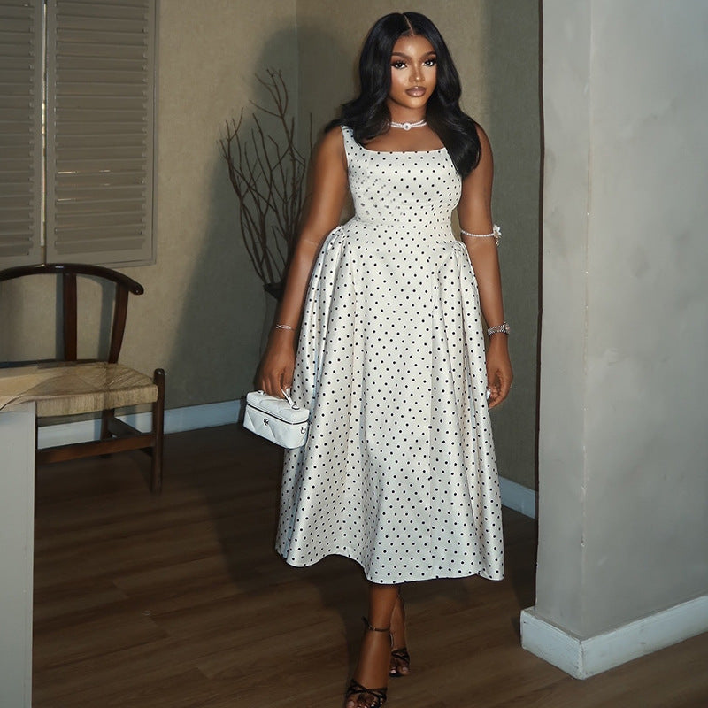 Polka Dot Round Neck Sleeveless A-Line Strap Dress for Casual Wear