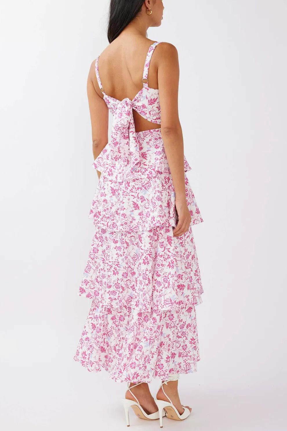 Floral Print Tie up Tiered Midi Dress