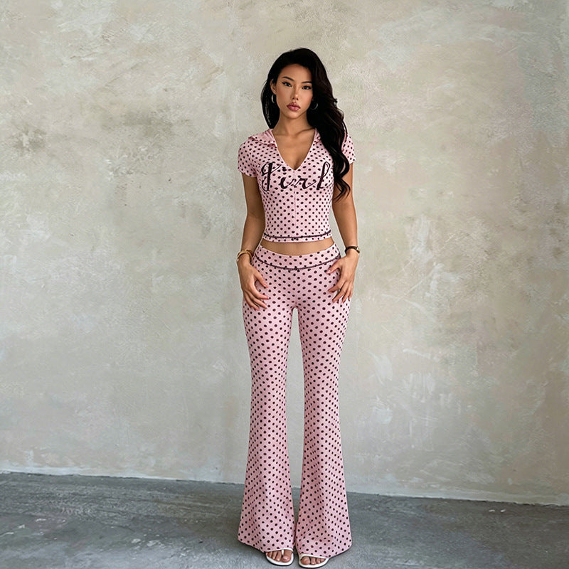 Polka Dot Short-Sleeve Zip-Up Pants Set for Summer Casual