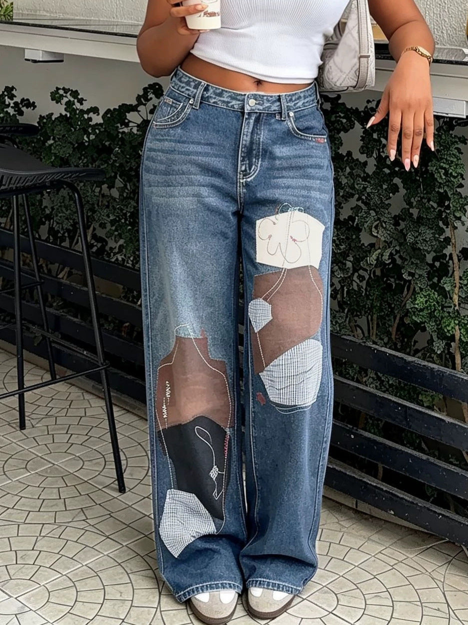 Stitched Patchwork Applique Print Denim Pants for Streetwear