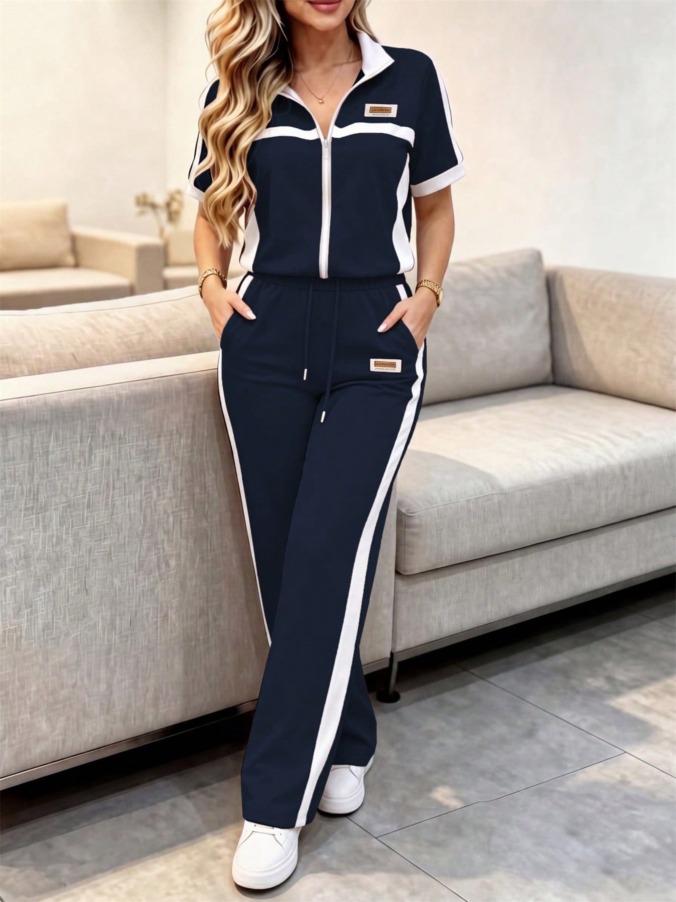 Color-Block Short-Sleeve Jacket & Striped Straight-Leg Pants Set for Spring/Summer Casual