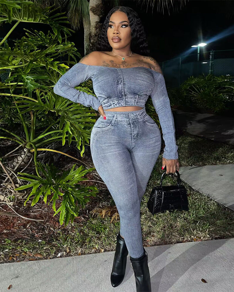 Riana Denim Pants Set Grey