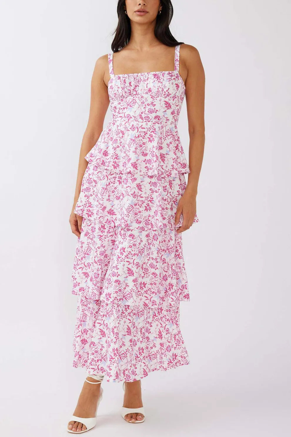 Floral Print Tie up Tiered Midi Dress