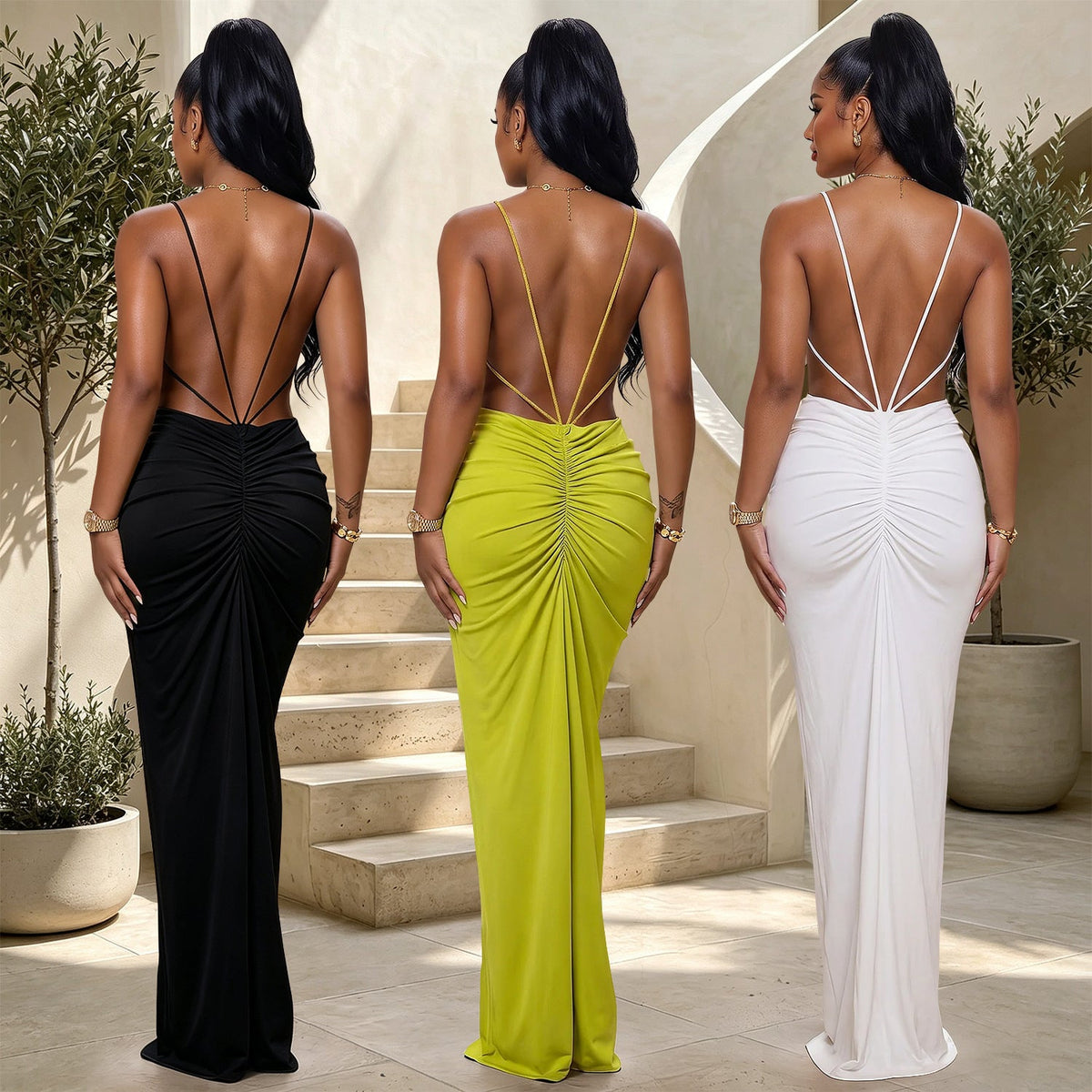 Strap V-Neck Cross Cutout Slit Bodycon Dress for Formal Parties