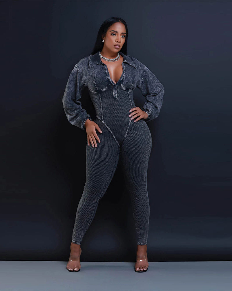 Baddie Mineral Washed Corset Jumpsuit BLACK