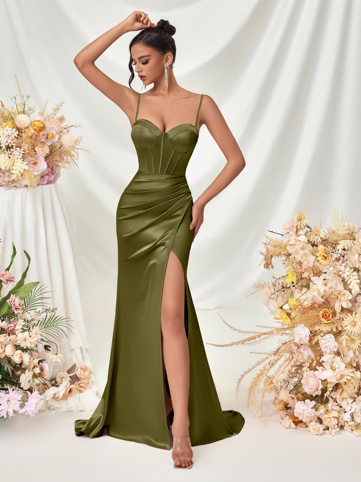 Strapless Slit Spaghetti Strap Maxi Dress for Evening Parties