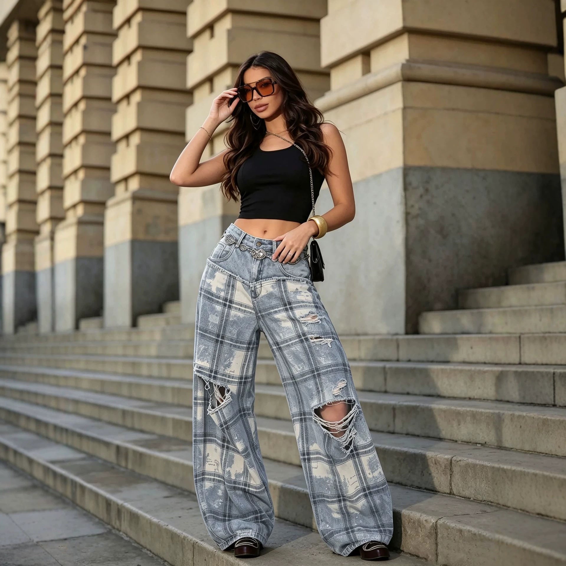 Plaid Ripped Patchwork Washed Denim Pants for Streetwear