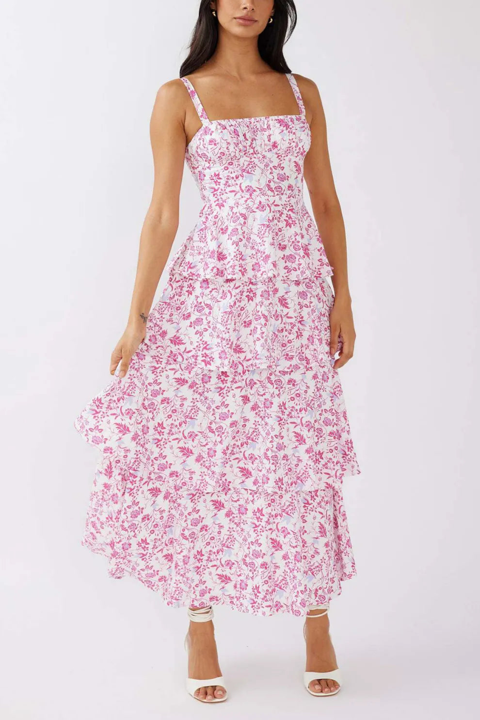 Floral Print Tie up Tiered Midi Dress