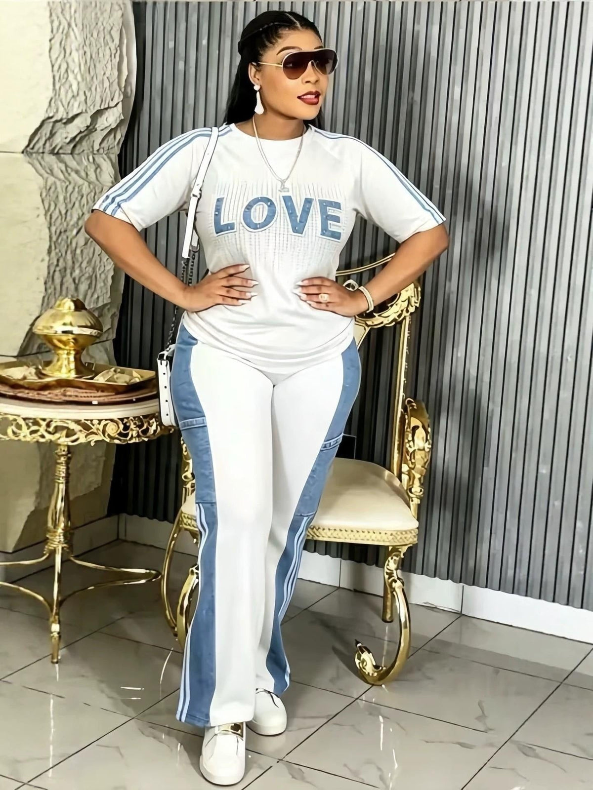 Plus Size Beaded Short Sleeve Color Block Striped Patchwork Denim Pants Set