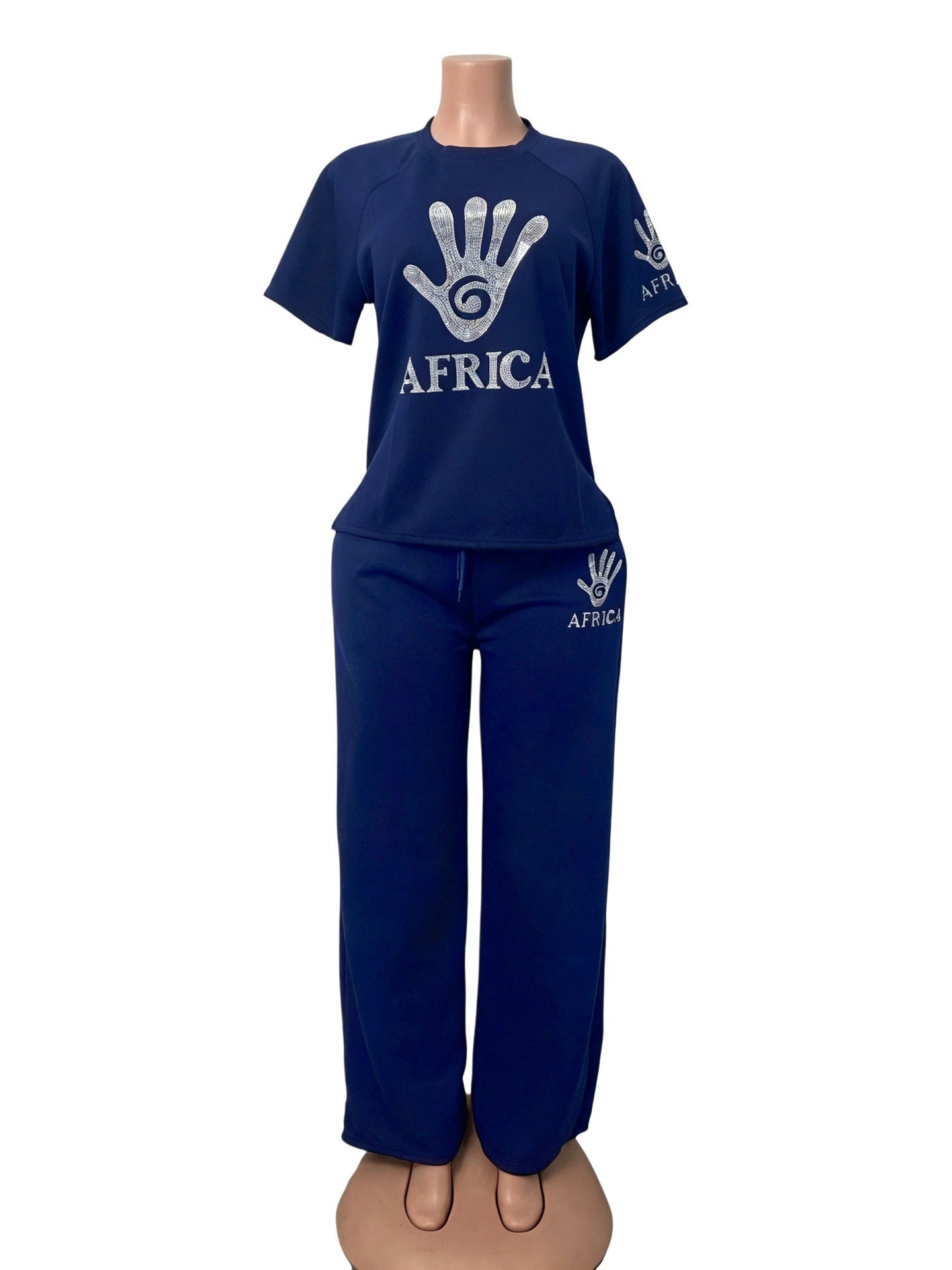 Plus Size African Palm Beaded Short Sleeve Top & Wide-Leg Pants Set