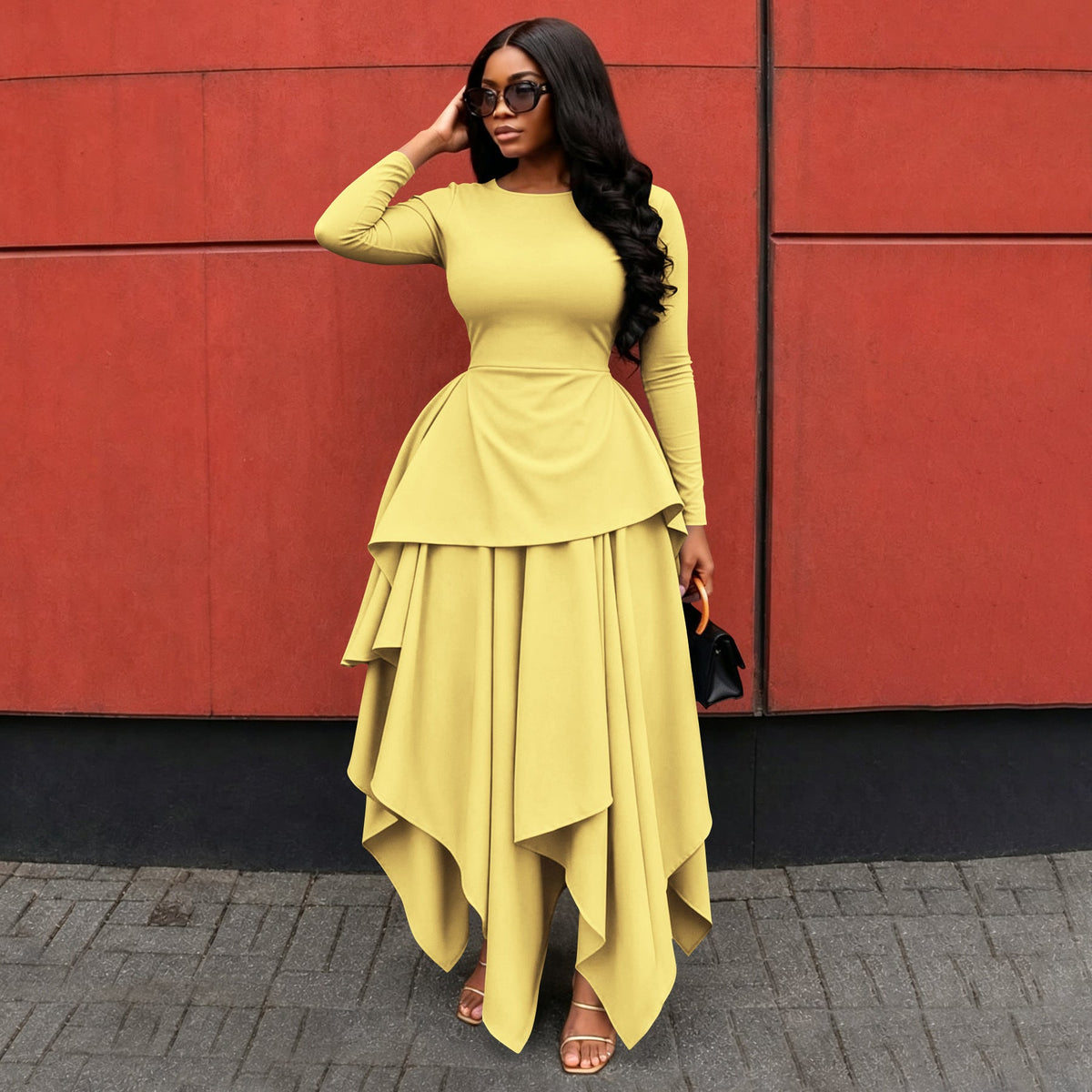 Round Neck Long Sleeve Ruffle Hem Irregular Flare Dress for Casual Wear