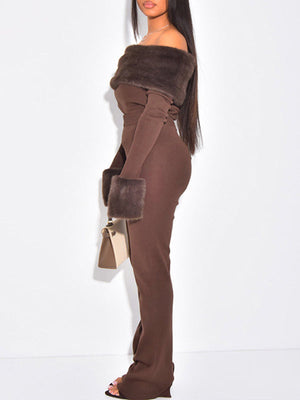 Faux-Fur Off-Shoulder Top & Pants Set