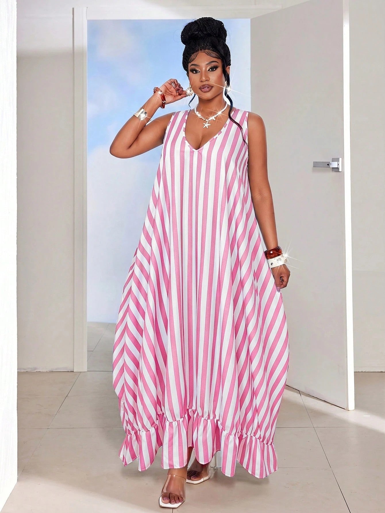 Striped Ruffle Edge Sleeveless Maxi Dress for Summer Beach Holidays