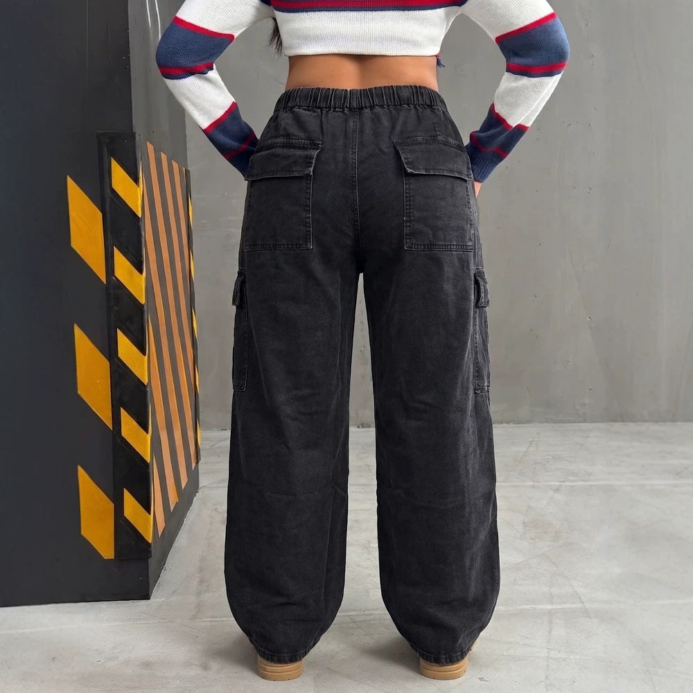Black Multi-Pocket Drawstring Cargo Denim Wide Leg Pants for Casual Streetwear