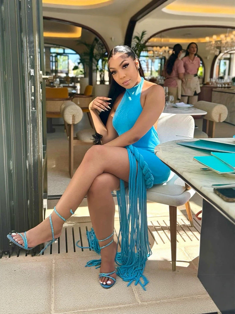 Fringed Halter Neck Maxi Dress for Formal Parties