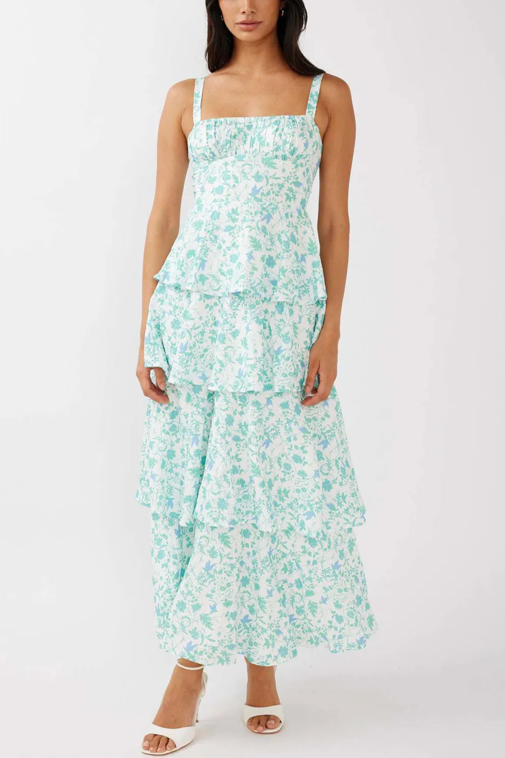 Floral Print Tie up Tiered Midi Dress