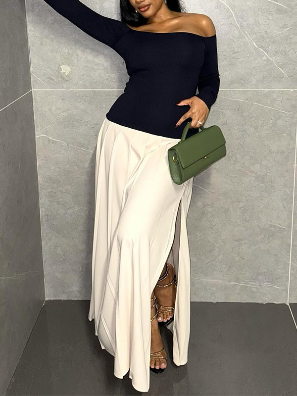 Off-Shoulder Combo Plisseekleid