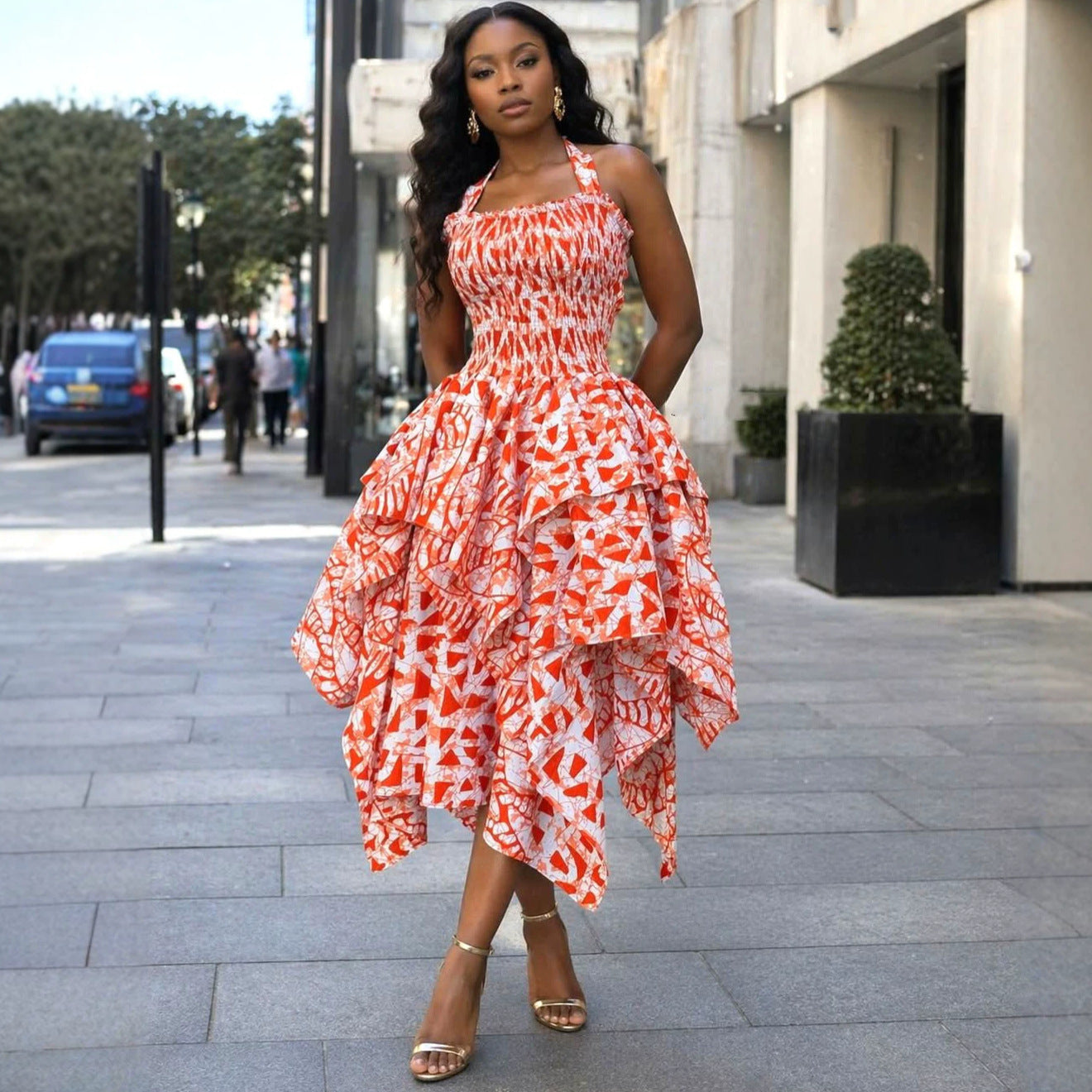 African Printed Halter Neck Ruched Irregular Maxi Dress for Evening Wear