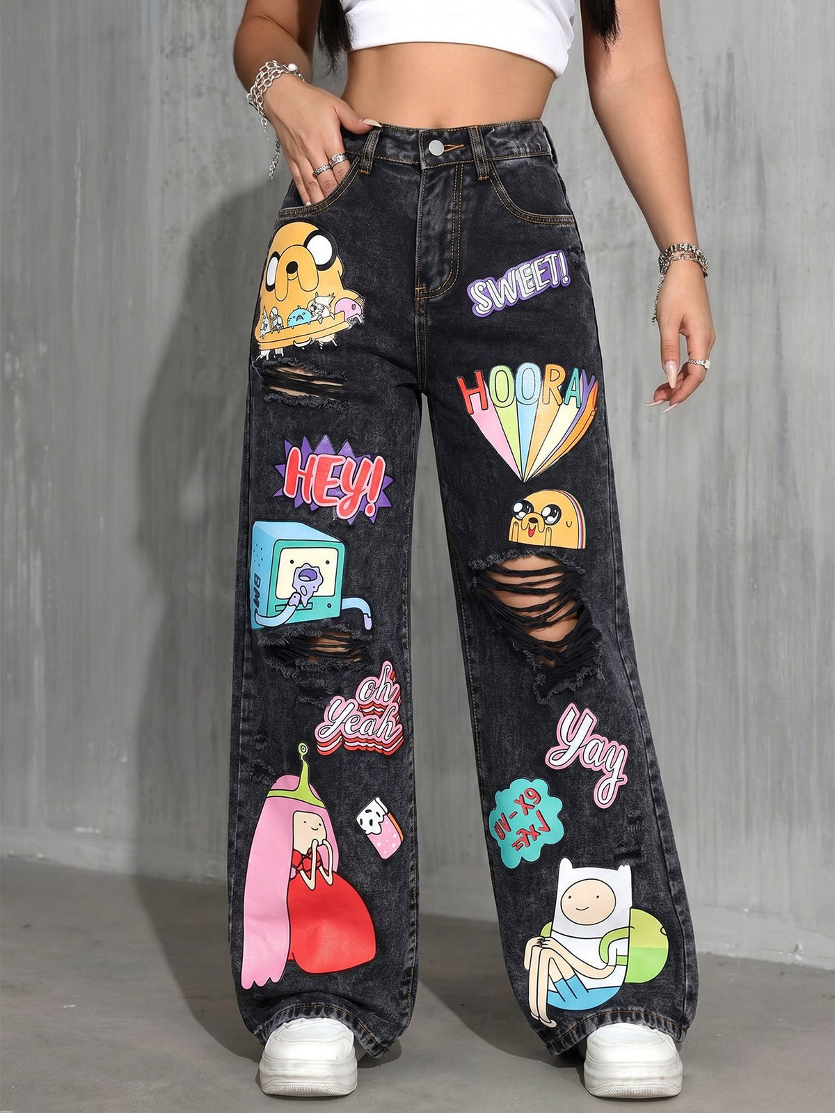 High Waist Washed Printed Ripped Wide Leg Denim Jeans for Casual Streetwear