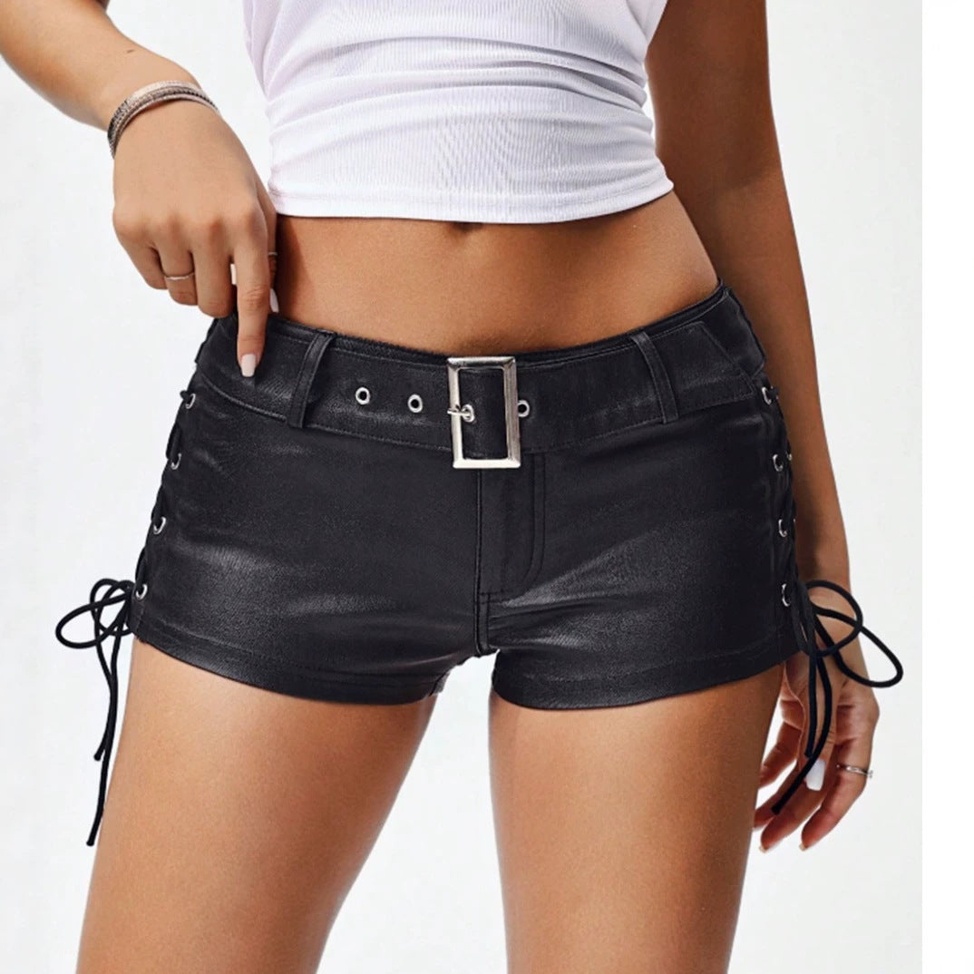 Leather Low Rise Lace-Up Belted Shorts for Clubwear