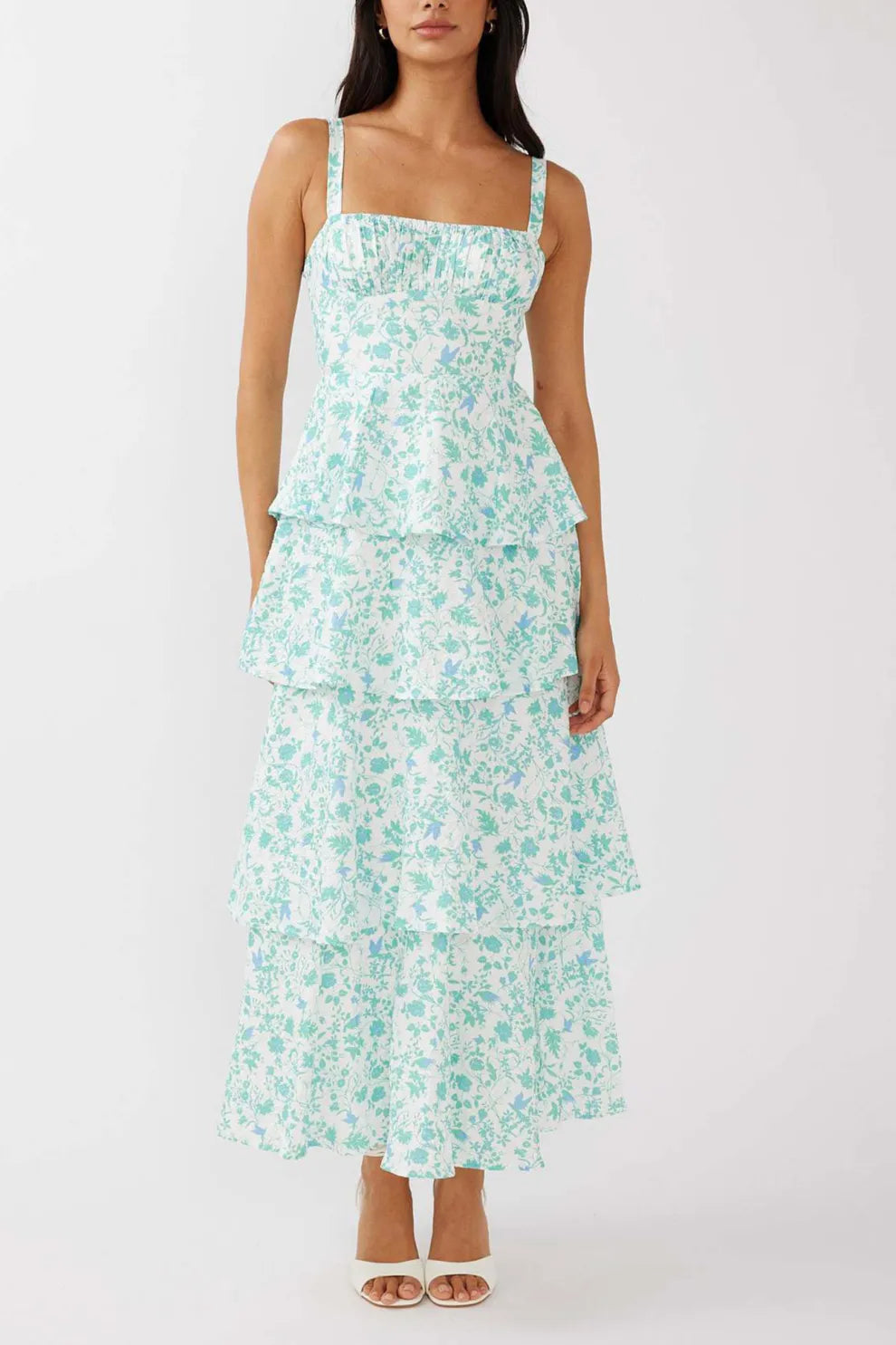 Floral Print Tie up Tiered Midi Dress
