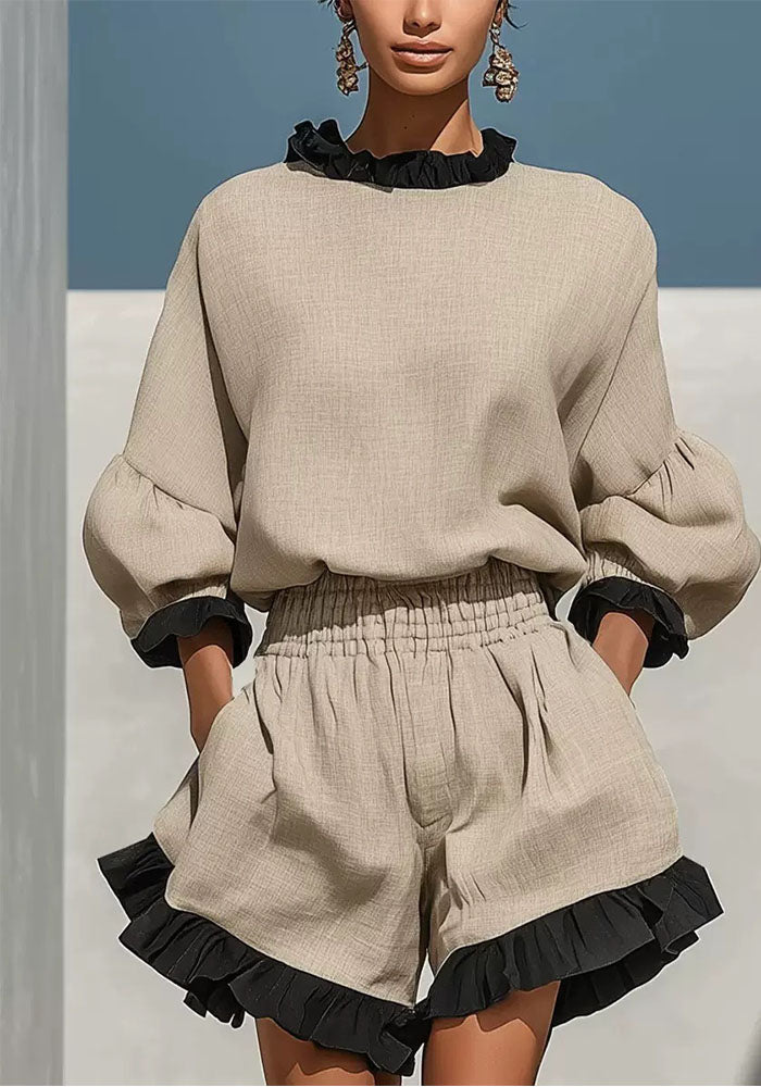 Color-Block Ruffle Linen Round-Neck Lantern-Sleeve Top & High-Waisted Pocket Shorts Two-Piece Set