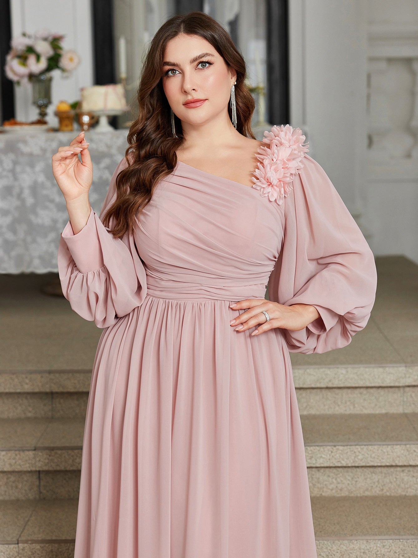 Plus Size Slash Shoulder Applique Lantern Sleeve Long Dress for Bridesmaids & Formal Events