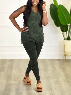 Bedrucktes Tanktop und Hose im Set mit V-Ausschnitt – Ausverkauf