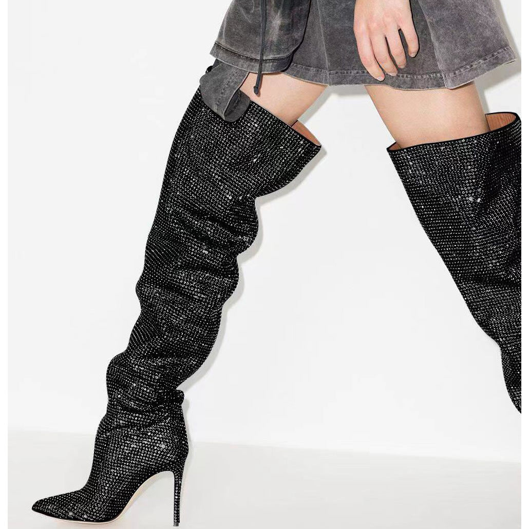 Starry Sky High Heel Rhinestone Knee High Boots
