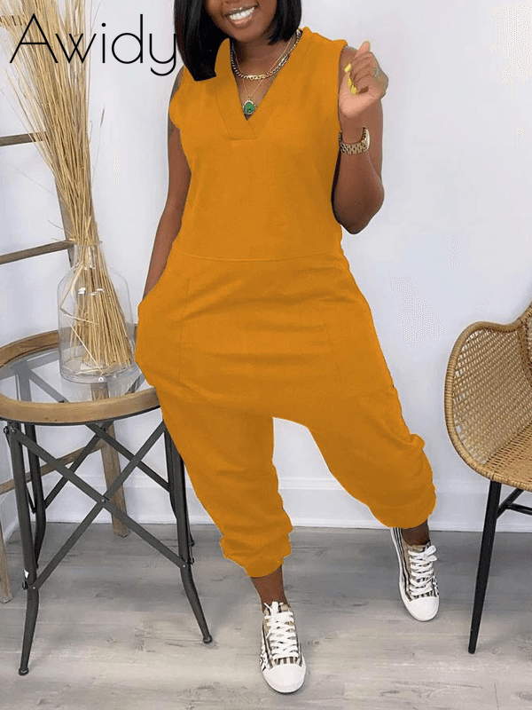 V-Neck Sleeveless Jumpsuit--Clearance Mustard S