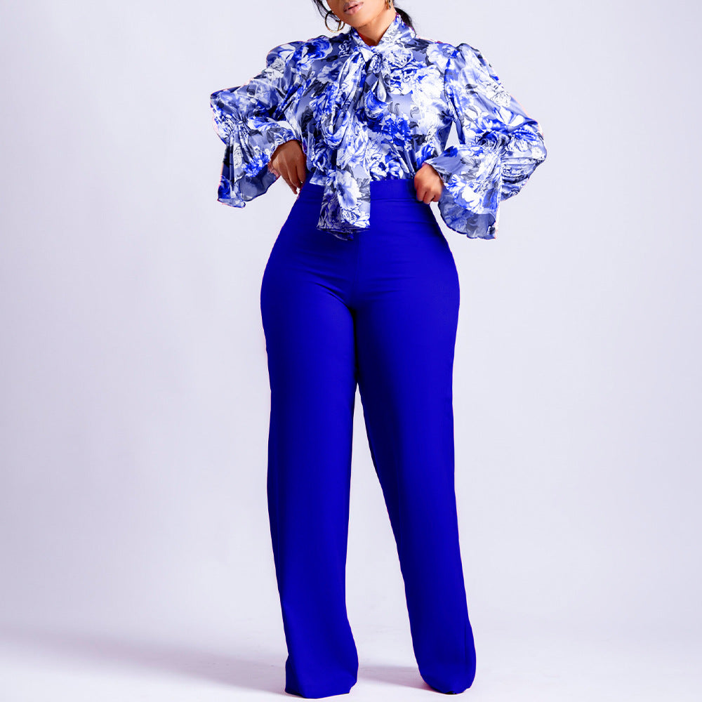 Casual Printed Long Sleeve Shirt Wide Leg Pants Sets