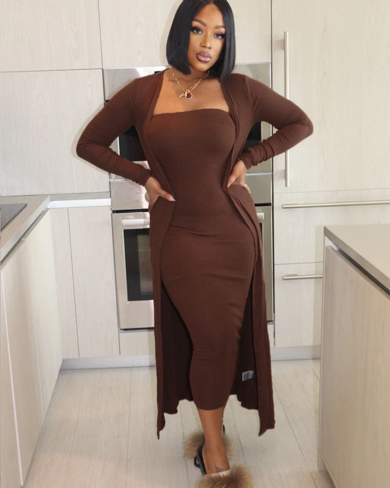 STRAPLESS DRESS SET BROWN