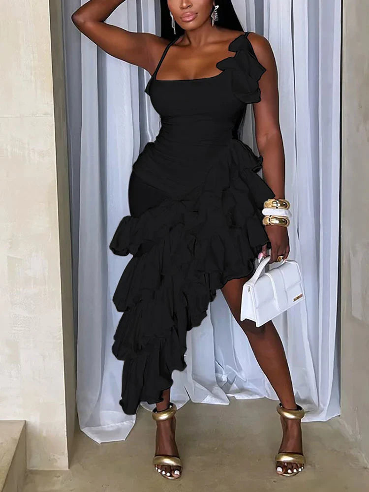 Statement Asymmetrical Ruffled Dress