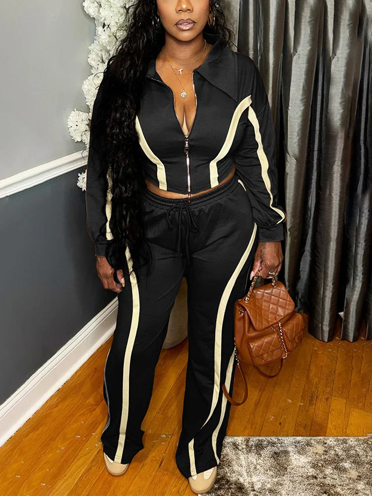Contrast Zip-Front Jacket & Wide Pants Set