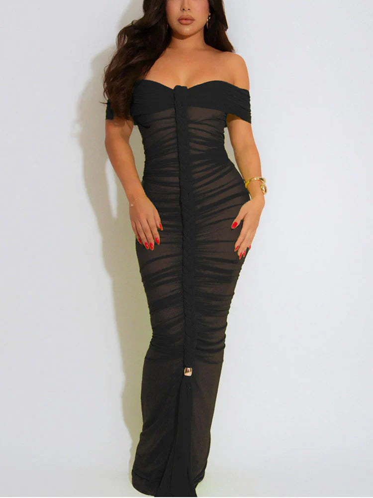 Ruched Mesh Braid Rope Maxi Dress