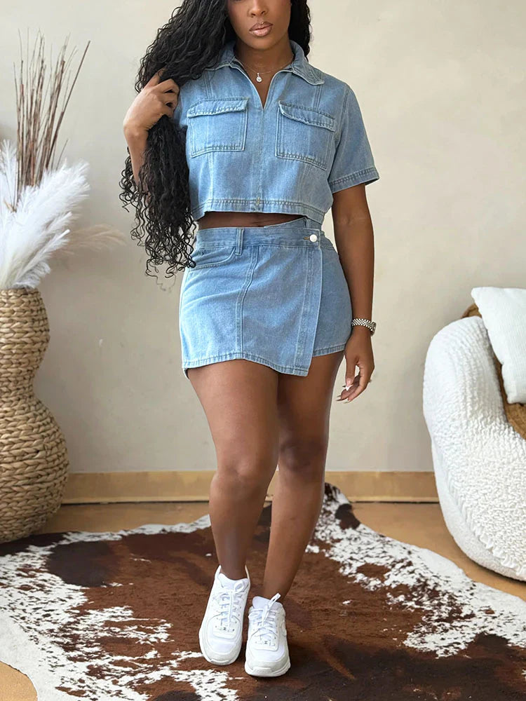 Cropped Denim Top & Skort Set