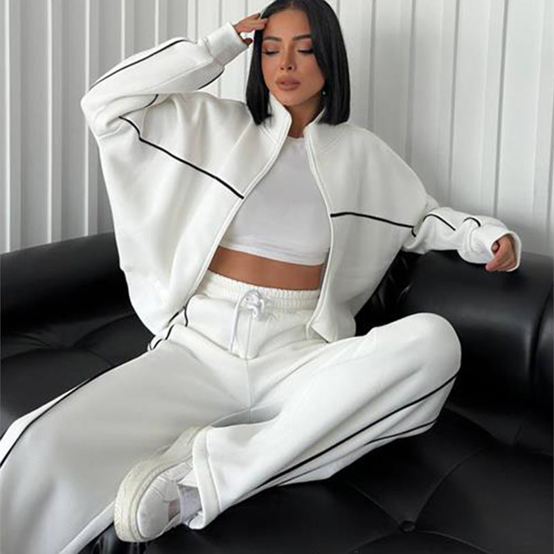 Fashion Turtleneck Cardigan Striped Sweatshirt Set