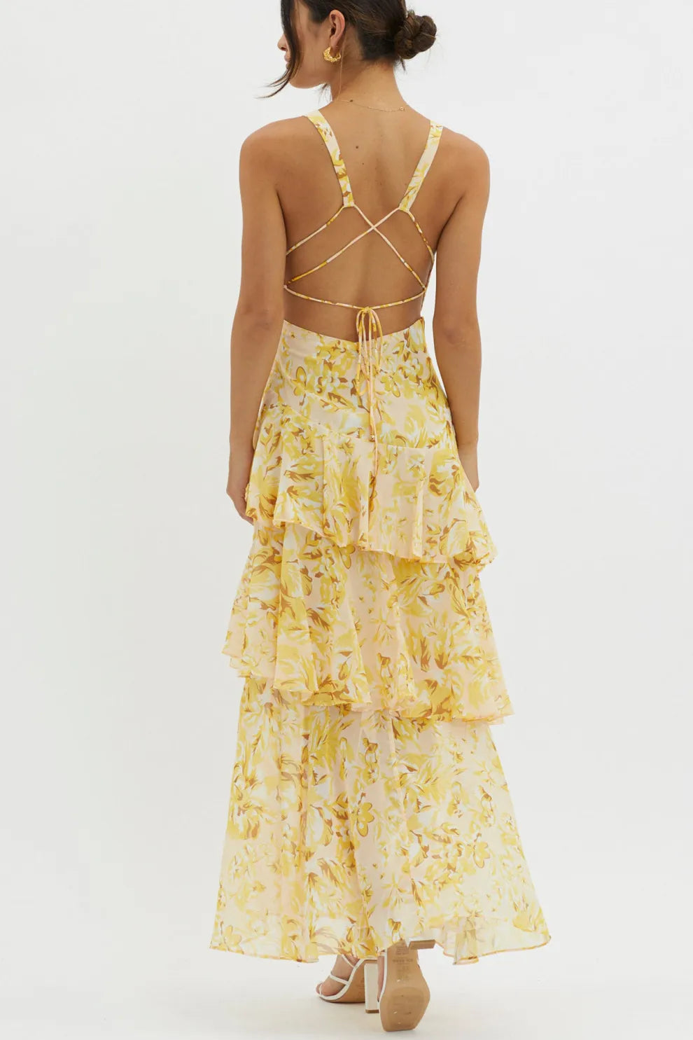 Floral Print Tie up Back Chiffon Tiered Dress