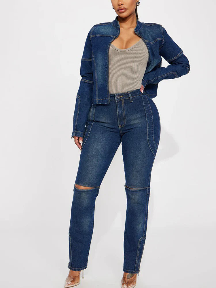 Denim Cropped Jacket And Cutout Jeans Set