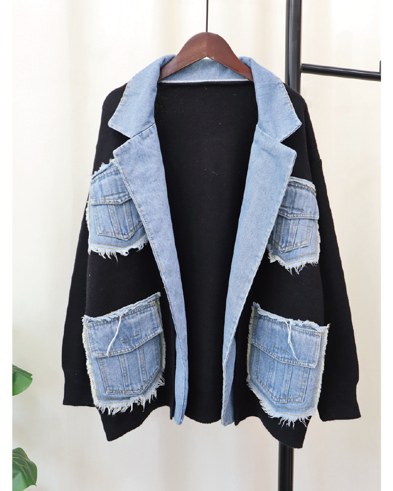 Denim Patchwork Cardigan Black One Size Fits up to 1XL