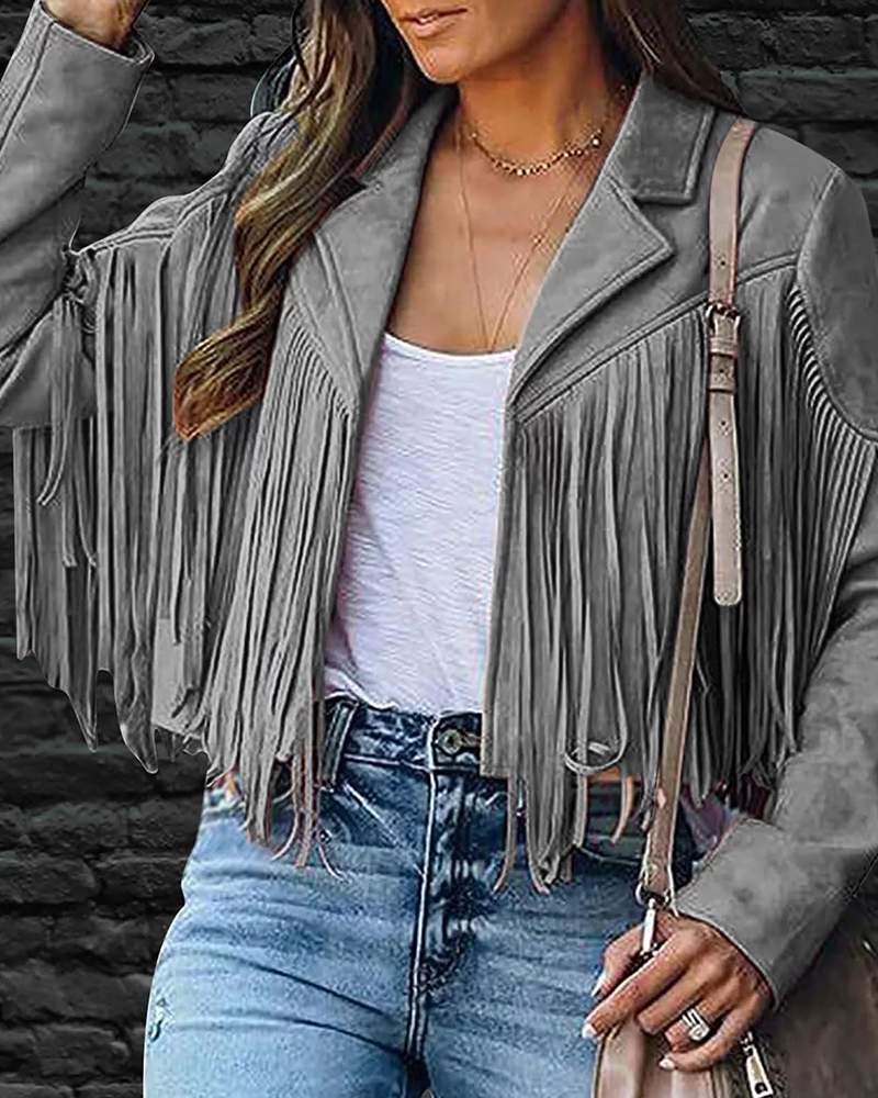 Faux Suede Fringe Jacket Grey