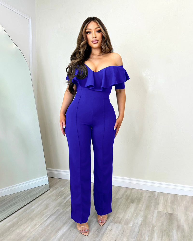Ruffle Slim Waist Jumpsuit Blue