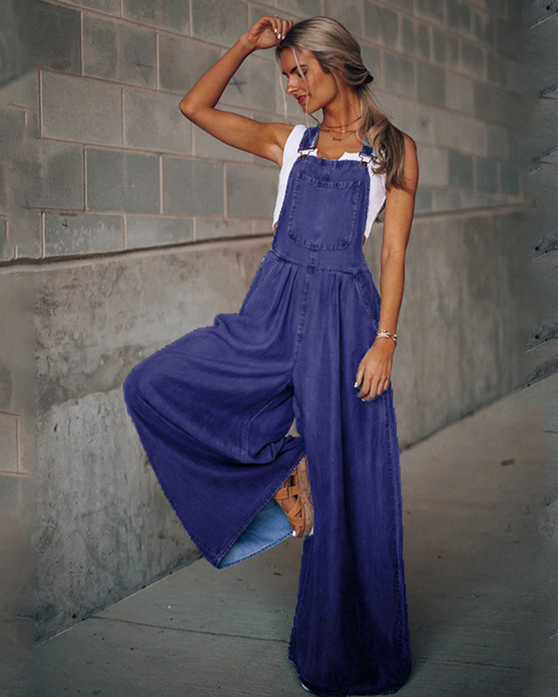 Wide Leg Denim Overalls NavyBlue