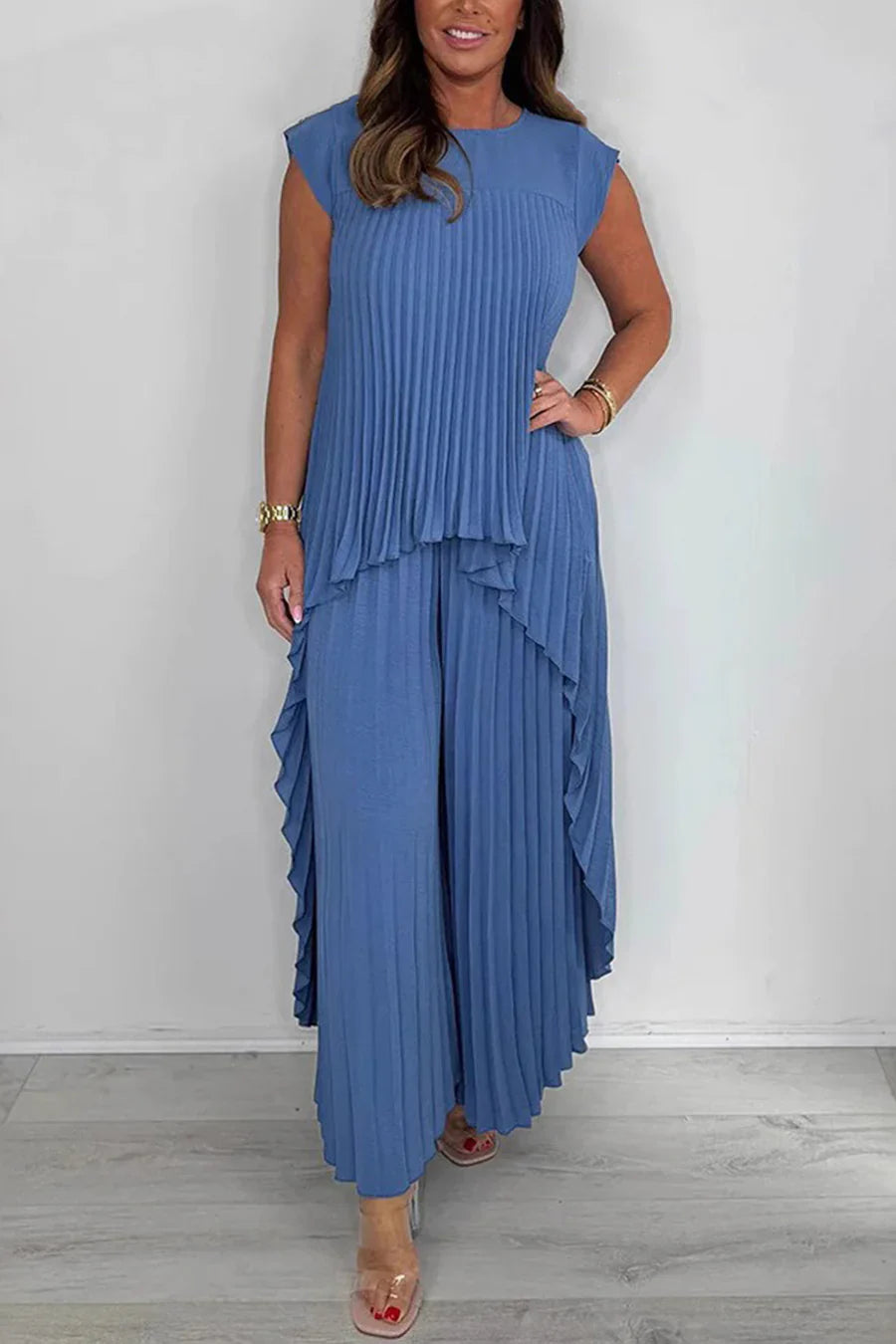 High-Low Pleated Tank Top Pants Sets