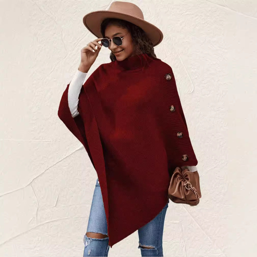 Solid-Color High-Neck Knit Sweater Cape Cardigan Shawl Jacket