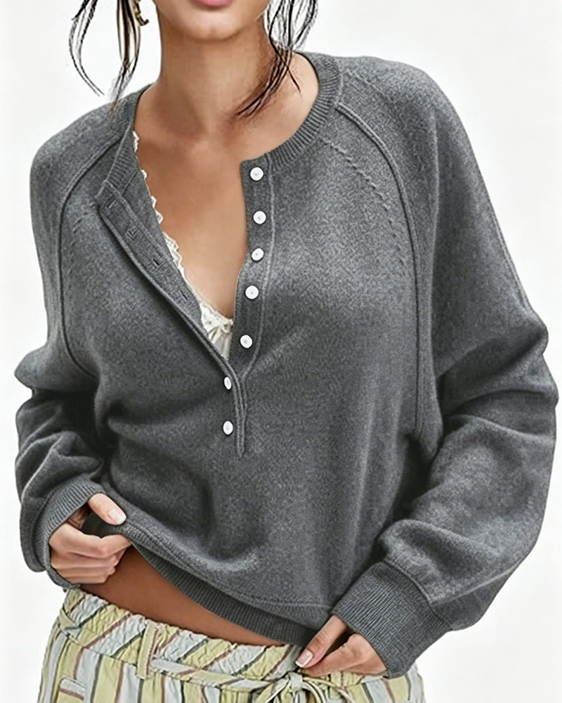 Effortless Button-Front Knit Pullover