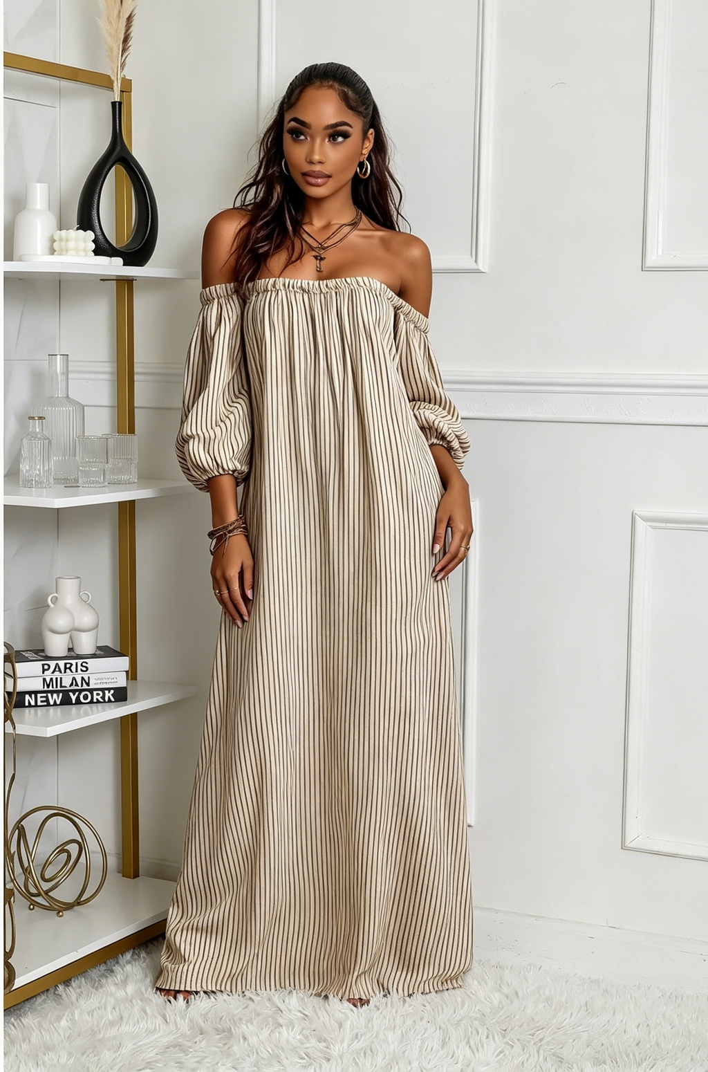 Sunset Stripes Off-Shoulder Maxi Dress