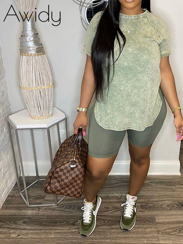 Printed Slit Tee & Biker Shorts Set--Clearance